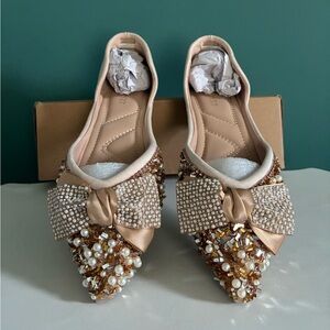 Embellished Pearl & Crystal Pointed Toe Flats - Blush